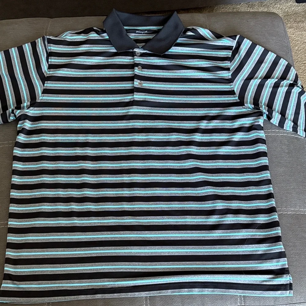 Tommy Bahama Black and Gray Striped Polo. XXL